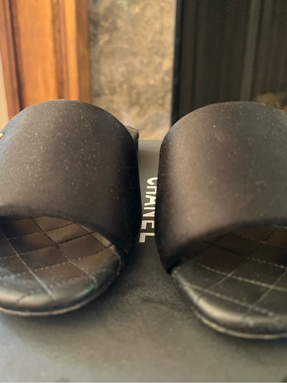 CHANEL - Chanel 22P Black Satin CC Logo Quilted Leather Mule Flat Sandal - Picture 5 of 11